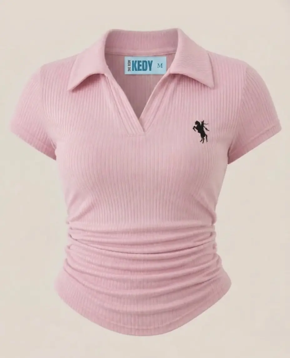 Pembe Polo Yaka Fitilli Tişört