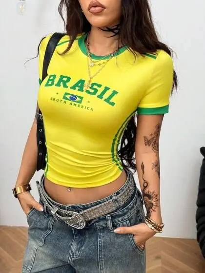 Brazil Baskılı Sarı Crop Top